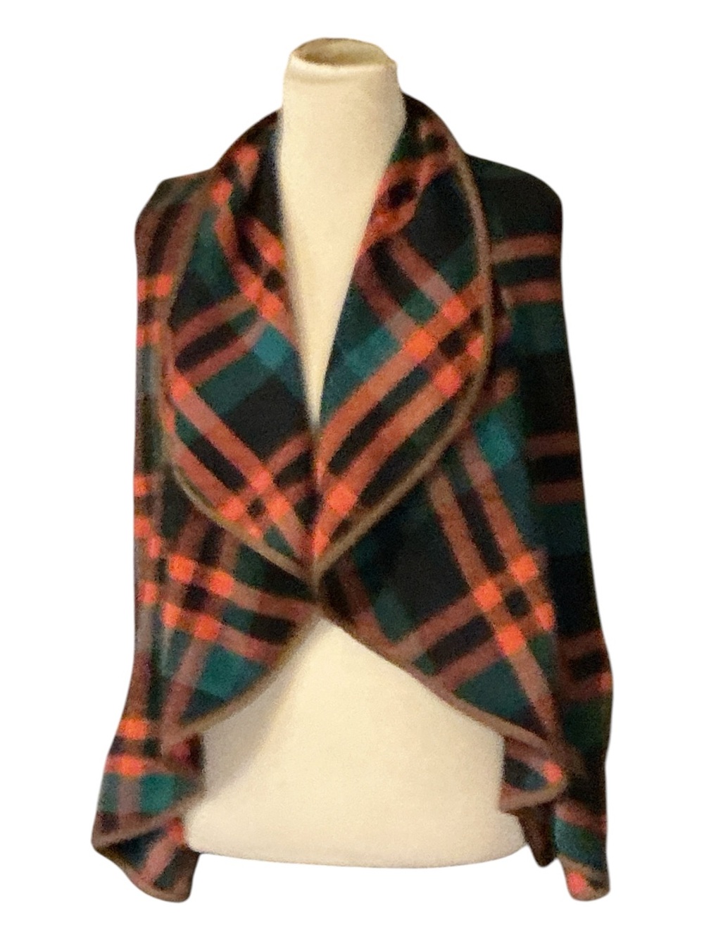 Plaid Open-Front Women's Coatigan - Green & Orange